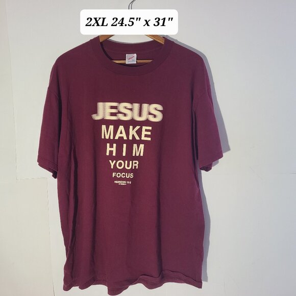 Vintage 90s "Jesus Make Him Your Focus" 2XL Maroon T-Shirt Jesus Tee - Picture 1 of 4